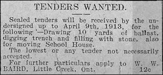1913 Mar NB Tenders for moving school house Little Creek